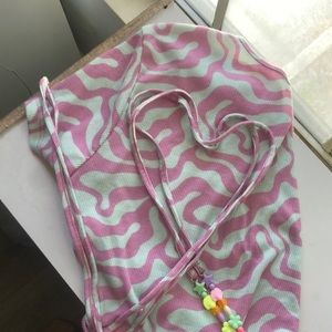 Swirl pink and teal crop top with beaded string to wrap around waist